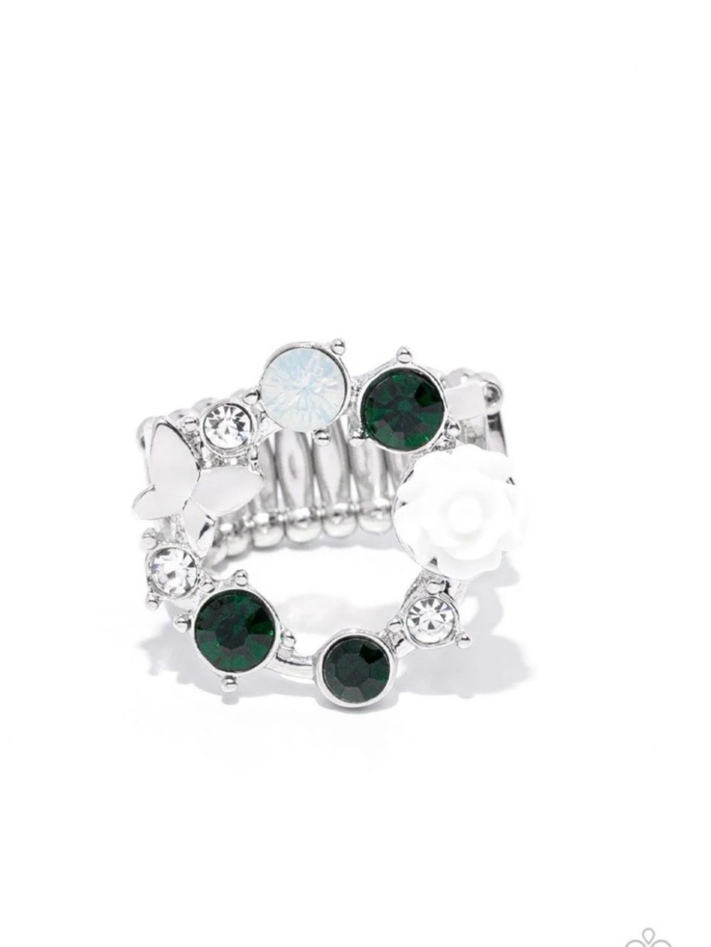 Silver Floral and Emerald Stretch Ring